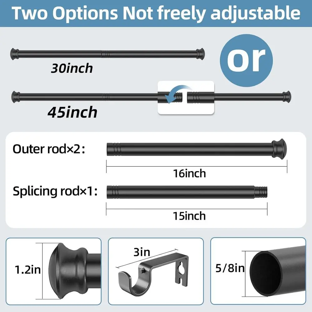 Black Curtain Rods 30 to 45 Inches with Brackets, Decorative 5/8 Inch Diameter Single Window Curtain Rod Set for Bedroom, Living