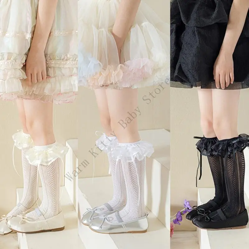 

XXFE Childrens Soft Knee Length Socks Elastic Lace Detailing Socks Ruffled Trim