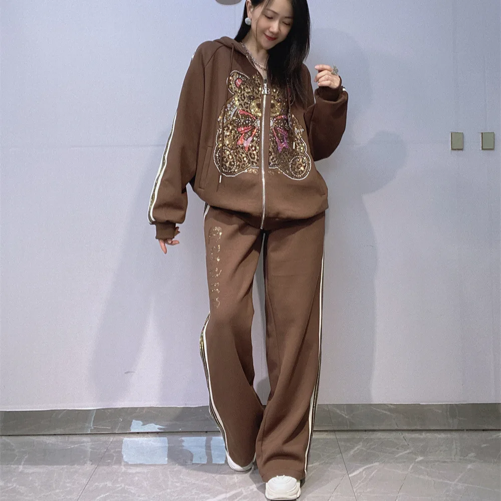 Fashion Autumn Winter Women Hoodie Set Bear Hot Diamonds Hooded Zip Cardigans Coat + Elastic Waist Wide Leg Casual Long Pants