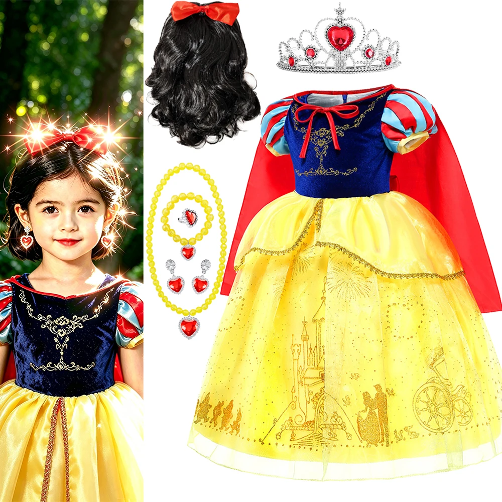 Snow White Costume for Girls Short Black Wig Red Cape Headband for Kids Party Stage Performance Classic Princess Dress Up Gift