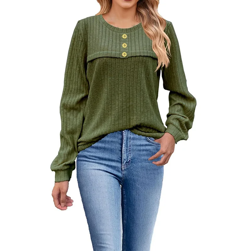 New European American clothing round neck pit strip brushed solid color button stitching long-sleeved T-shirt for women
