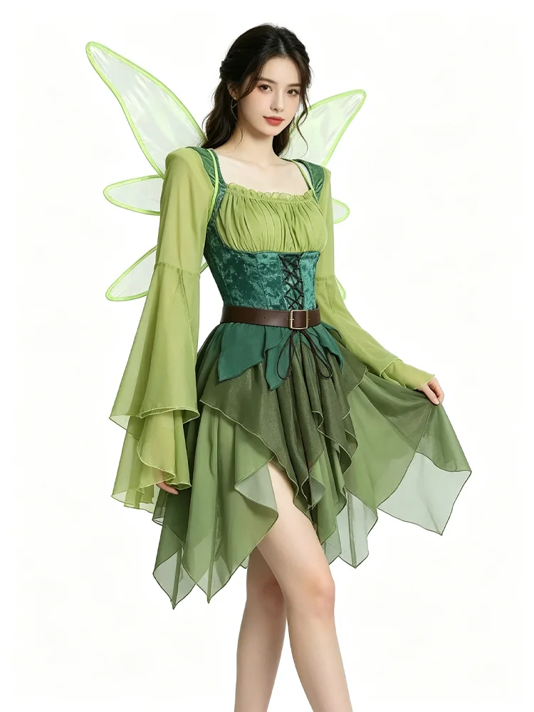Conjunto de Disfraz de Hada Elfa del Bosque, Vestido de Elfa Mágico (con Alas), Vestido Mini Ajustado de Manga Larga con Campanas, Atuendo para Fiesta de Halloween de Hadas del Bosque