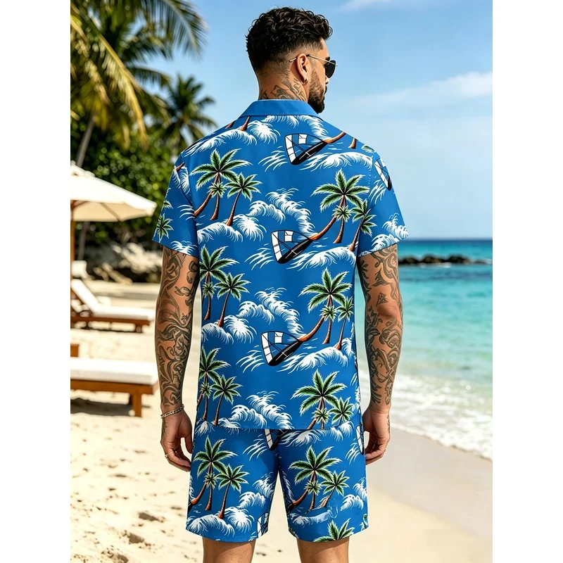 Summer Men's Hawaiian Coconut Tree Print Short Sleeve Elastic Waist Pocket Shorts Casual Vacation Two-Piece Set