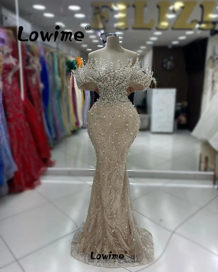 Champagne Aso Ebi Crystals Mermaid Prom Dress Sequined Lace Evening Gowns 2024 Custom Made Off The Shoulder Long Party Dresses