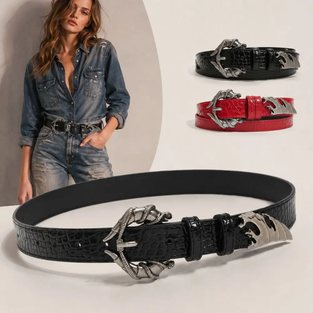 Snake Buckle Women's Belt Pu Leather Crocodile Pattern Streetwear Waist Belt Rivets Y2K Pin Buckle Belt Jeans Dress Accessories