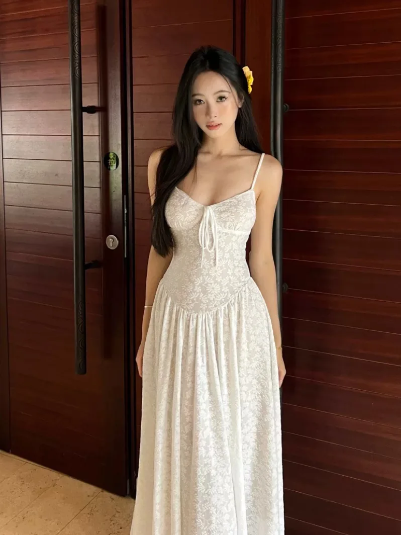 Summer Beauty White Long Dress Set Women's Outerwear Cardigan Strap Dress Two-Piece Set Vacation Atmosphere Sensation