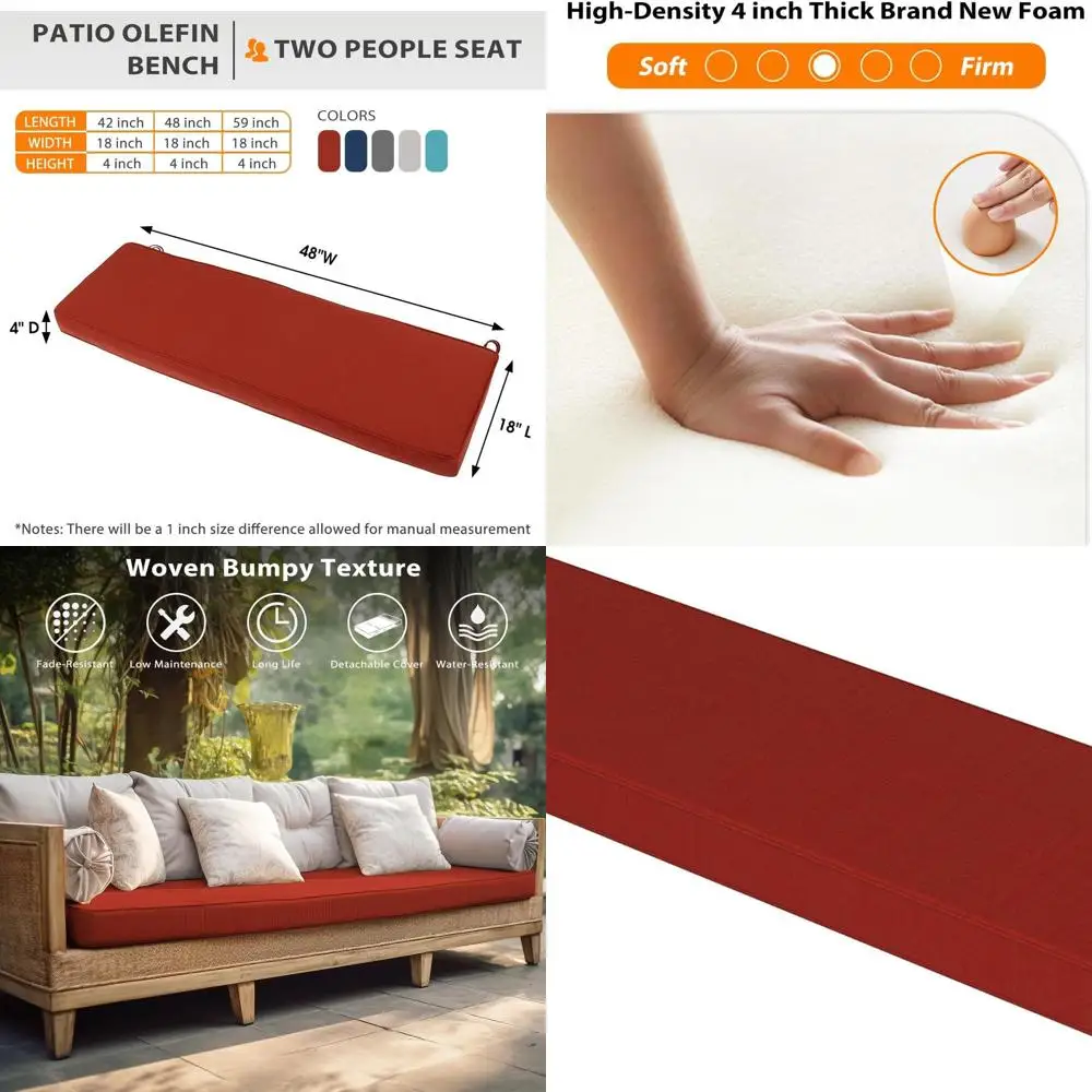 Almofada de sofá de loveseat vermelha resistente à água com alças, almofada de sofá de pátio de 48 x 18 x 4 polegadas