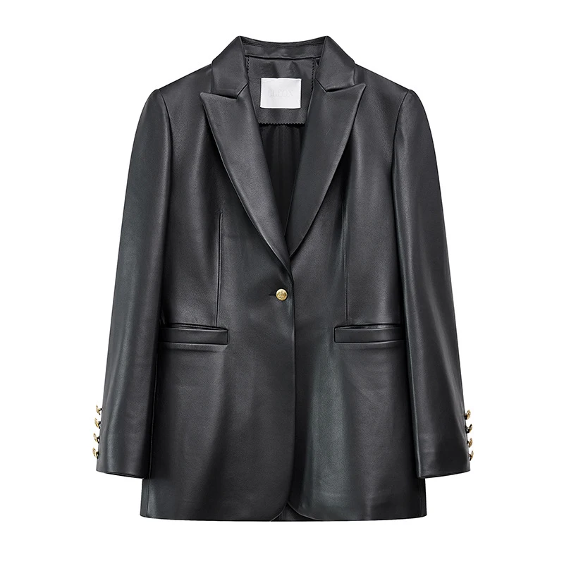 100% Genuine Leather Blazer Jacket Women Fashion Classic One Button Lapel Chic Lady Black/Coffee Casual Sheepskin Blazer Coats