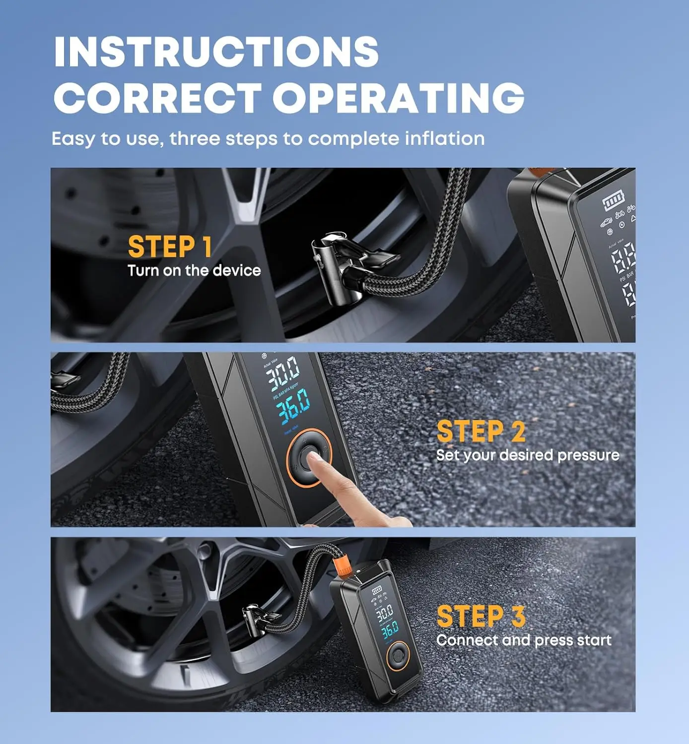 منفاخ إطارات محمول 150 رطل لكل بوصة مربعة ضاغط هواء - مضخة تيار مستمر لاسلكية للسيارات والدراجات النارية والكرات مع مقياس، 4X أسرع، Chri