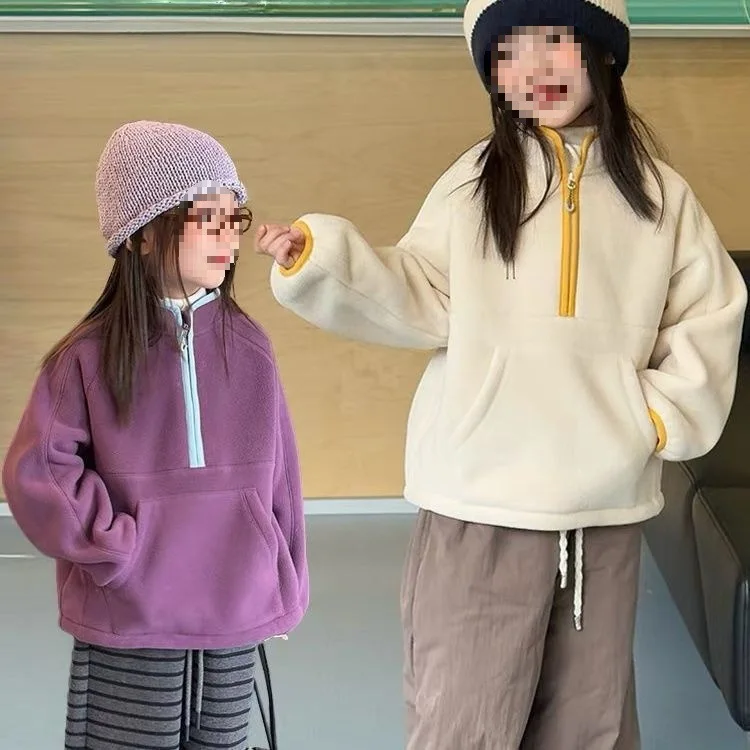 Girls' New Fleece Medium and Large Children's Half-zipper Fashionable Foreign Casual Thickened Jacket in Winter Spring Fall