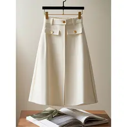 2024 Autumn New Simplicity Temperament A-line Skirt Ladies Fashionable Buttons Solid Color White Elastic Waist Skirts Women's