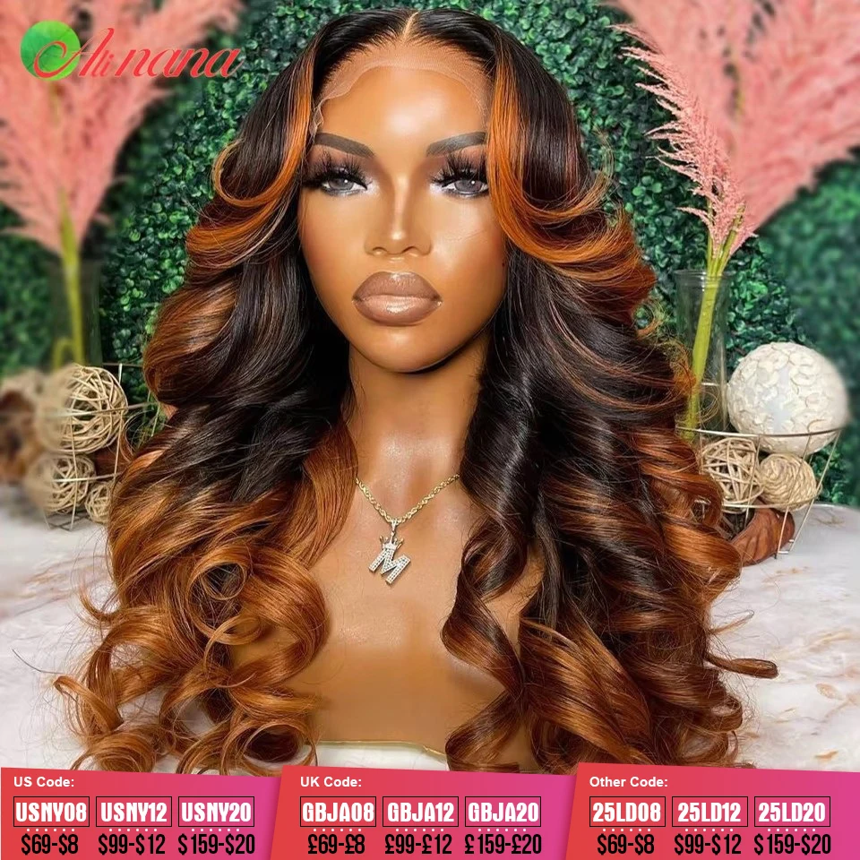 Ombre Ginger Brown Colored 13x6 Transparent Lace Frontal Wig Body Wave PrePlucked 12AGrade Lace Closure Human Hair Wig For Women