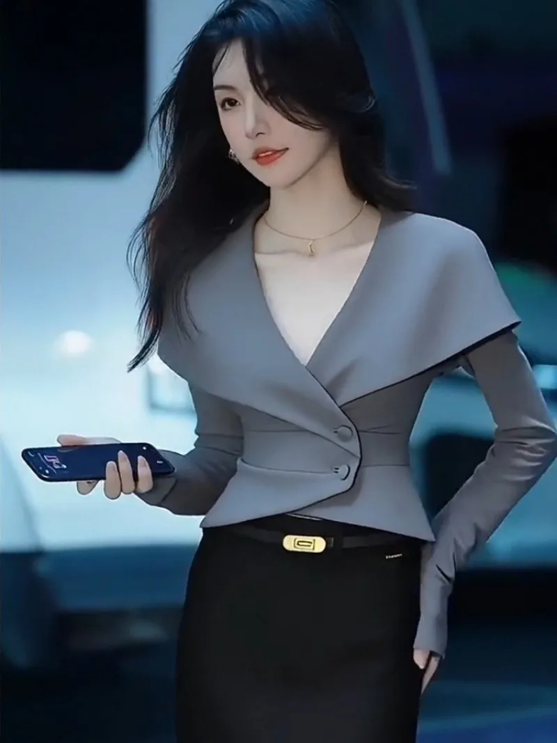 

New Fashion Autumn Cape Shirt Women High End Elegant Slim Waist Design Pleated Long Sleeve V-neck Solid Color Top Office Lady