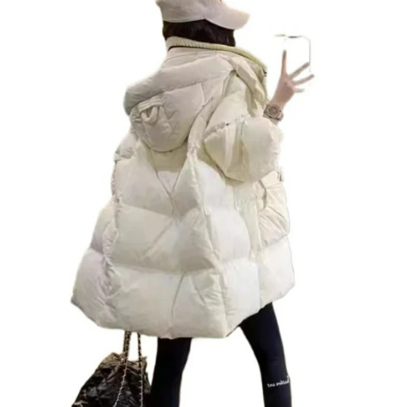 Warm New Casual Commuting Solid Color Down Jacket Hooded Yarn Fashion Temperament Loose Medium Long White Duck Down Warm Coat