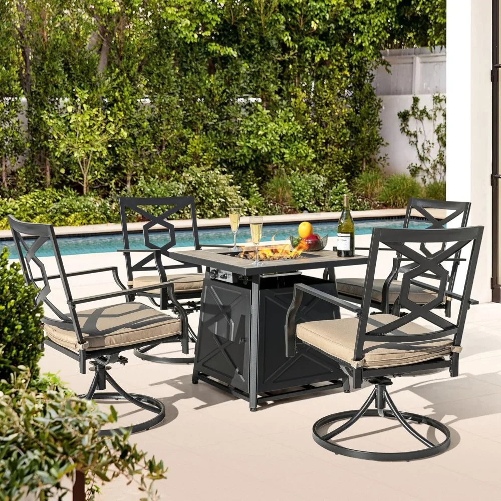 5 Piece Patio Set with 28 Inch 50000 BTU Propane Fire Pit Table with Cover and 4 Swivel Dining Chairs with Cushions Black Beige