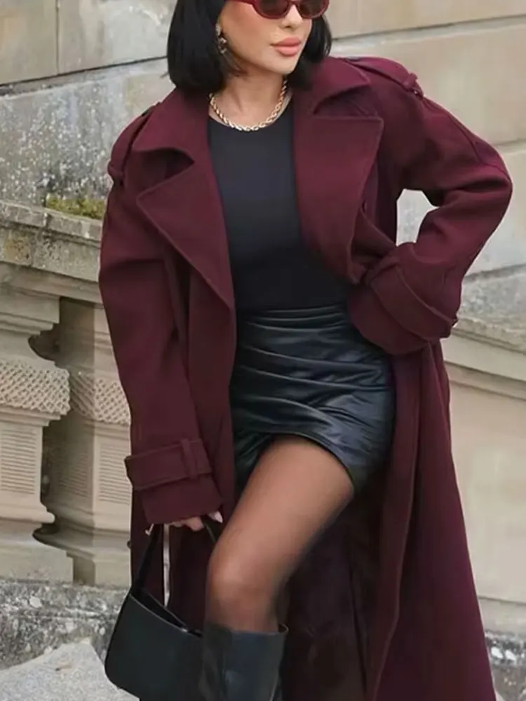 HH Female Autumn Elegant Oversize Burgundy Windbreaker Long Sleeves Lapel Double Breasted With Belt Commute Outerwear Coat
