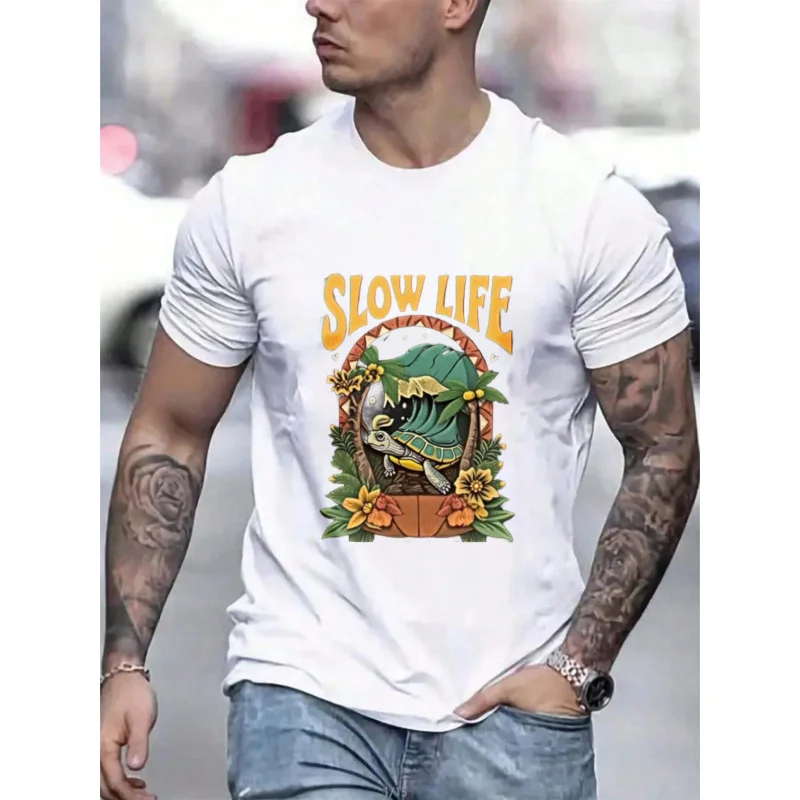 

Men's T-Shirt White Slow Life Turtle Print High Quality Cotton 180g