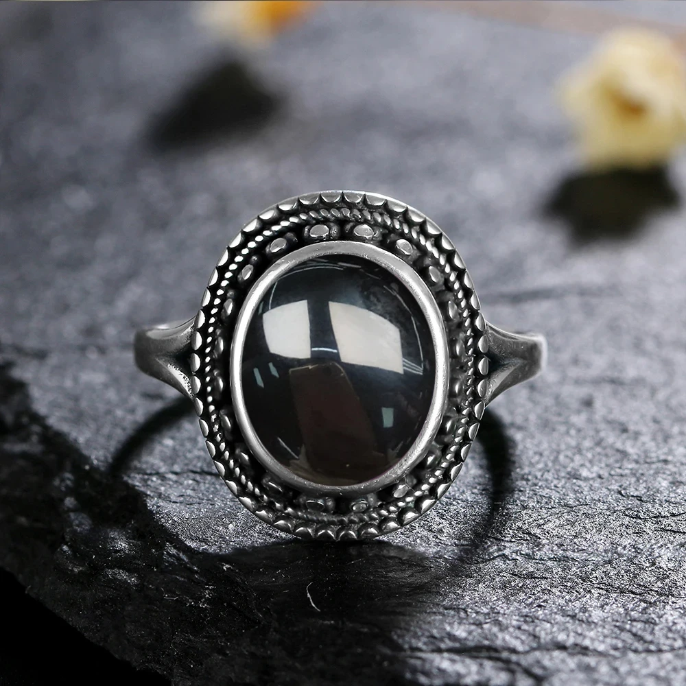 925 Sterling Silver Ring Natural Black Agate Ring Oval Round Retro Jewelry for Women men Gift Sun Shaped Vintage Ring