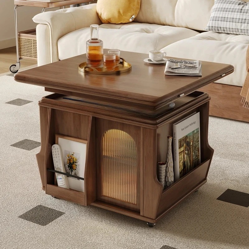Lifting folding coffee table all solid wood movable side table cart household small apartment multi-function