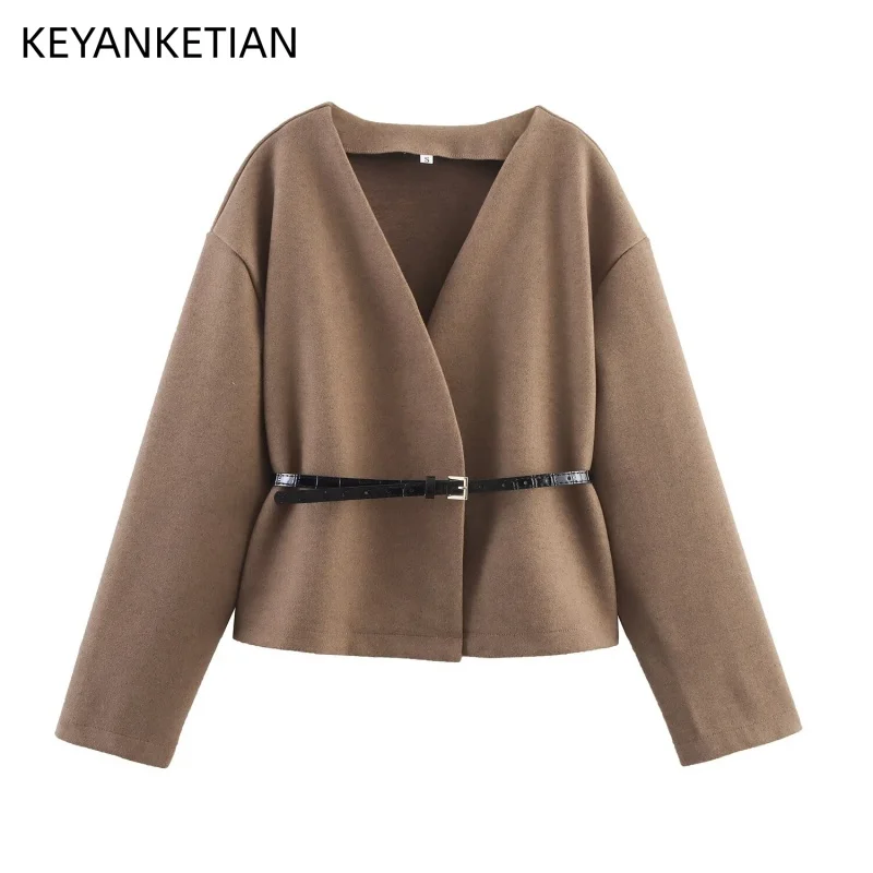 

KEYANKETIAN 2025 осенний новый женский короткий шерстяной костюм, пальто, простой стиль, офисный женский костюм с украшением на поясе, тонкий блейзер с v-образным вырезом, топ