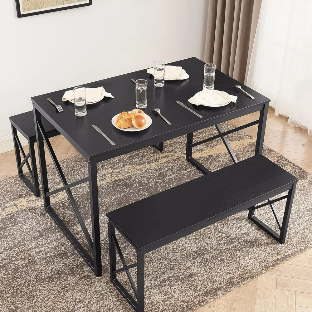 Dining Table Set.Kitchen Table with 2 Benches for 4, Wood Dining Room Dinette Sets with Metal Frame for Breakfast Nook and Space