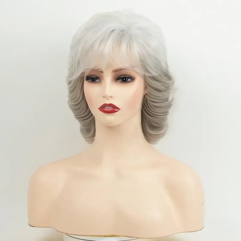 Grandma Wig Women's Fashion Bob Wigs Silver Platinum Color Loose Wavy Wigs Grey Color Short Curly Hair Mommy Wigs Cosplay Party