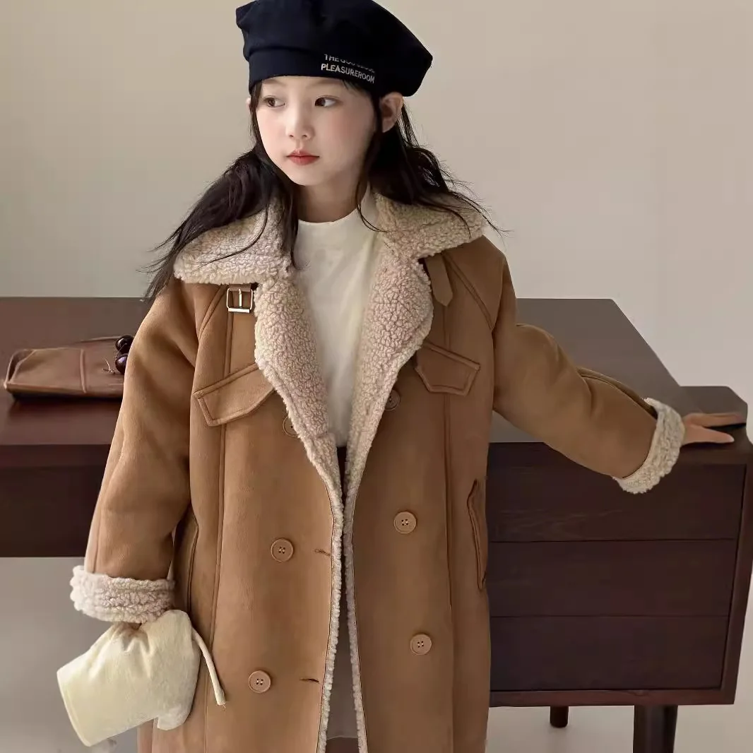 Suede Girls Long Jacket Winter Fleece Warm Teenager Kids Coat Children's Clothes