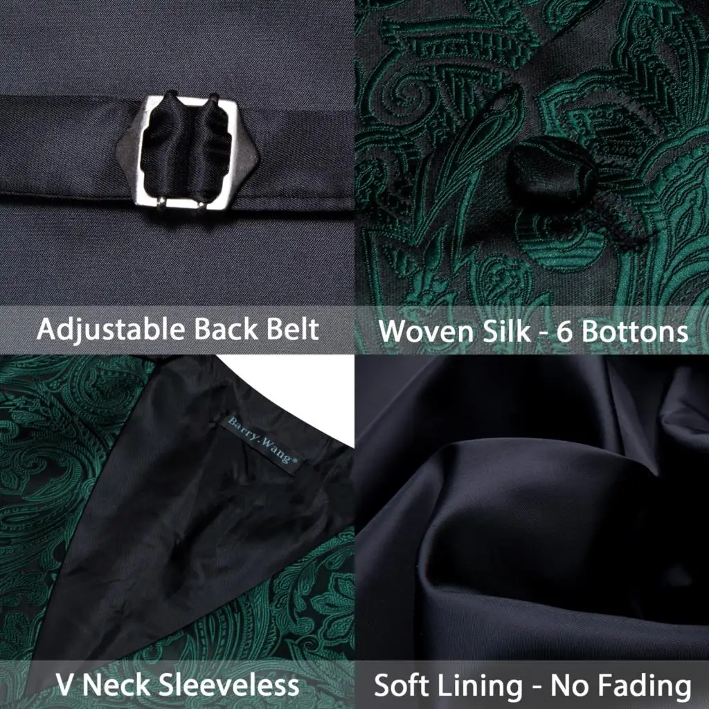 Elegant Vintage Vest for Men Silk Green Blue Male Waistcoat Tie Set Wedding Groom Formal Suit Gilet Sleeveless Barry Wang