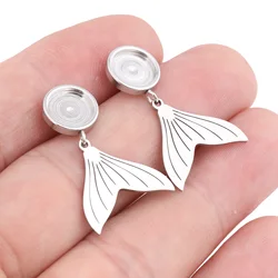 6pcs Stainless Steel 8mm Round Cabochon Earring Base Blanks Studs With Fish Tail Charms Diy Bezel Settings For Jewelry Making