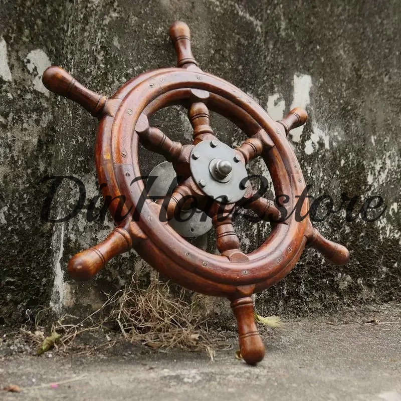 55CM Solid Wood Rudder Shipyard Old Rudder Steering Wheel Pilot Pendulum Pendant Hanging Mediterranean Feng Shui Wheel Bar Retro
