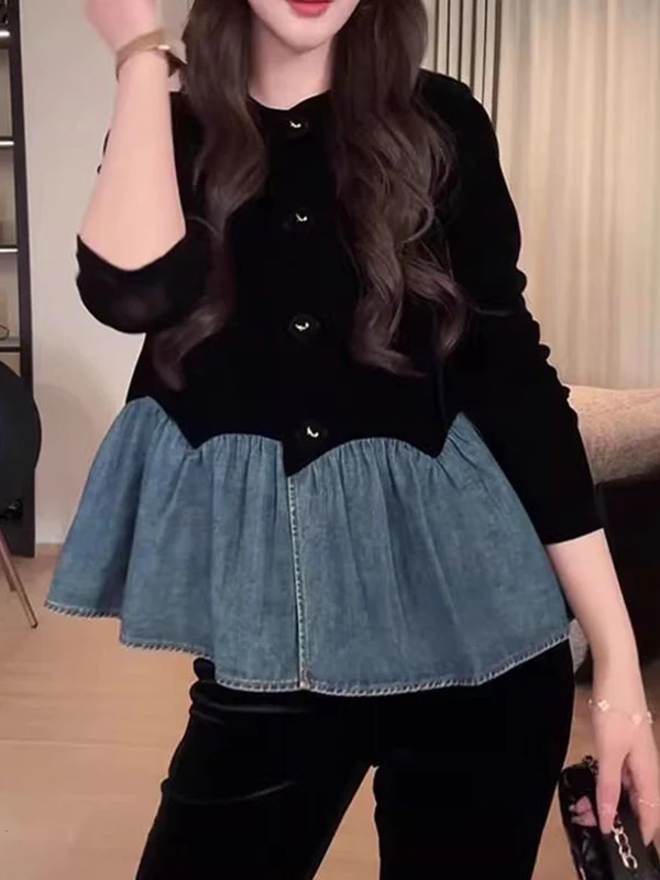 

plus Size 300 Pou Women's irt round Ne Denim Patchwork Casual Sle Loose Fit Autumn Spring Season Office Commute Top