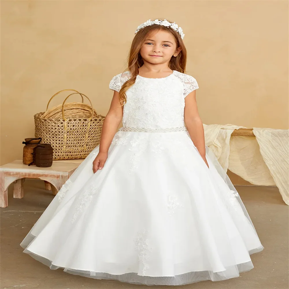 

White Flower Girl Dress Tulle Applique Short Sleeve Wedding Simple Style Flower Child's First Eucharist Birthday Party Dress