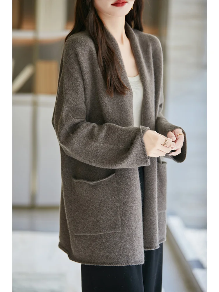 Aliselect Jaket Rajutan Fashion Wanita Sweter Saku Kerah V Lengan Panjang Musim Semi Musim Gugur Musim Dingin Atasan Kardigan Wol Merino 100%