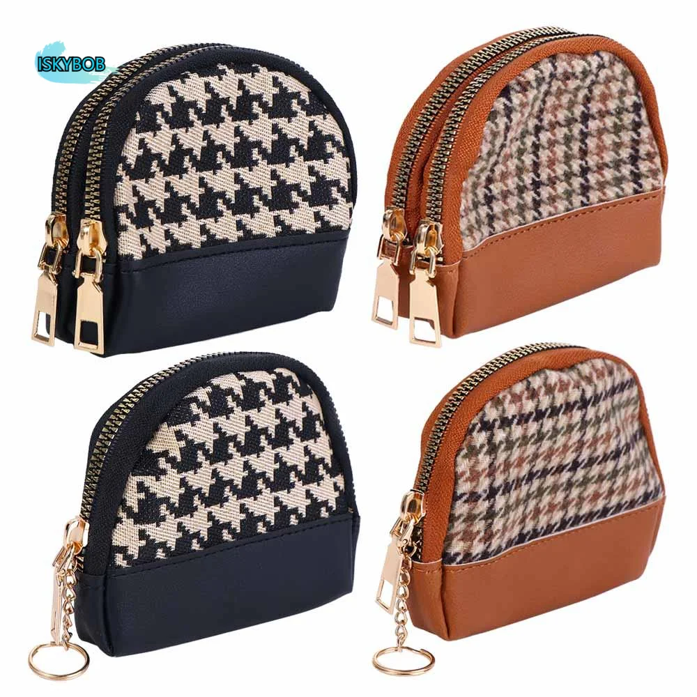 

Handy Fashion Mini Double Layers Zipper Fabric Houndstooth Wallet Women Coin Purse Card Holders Leather Bag