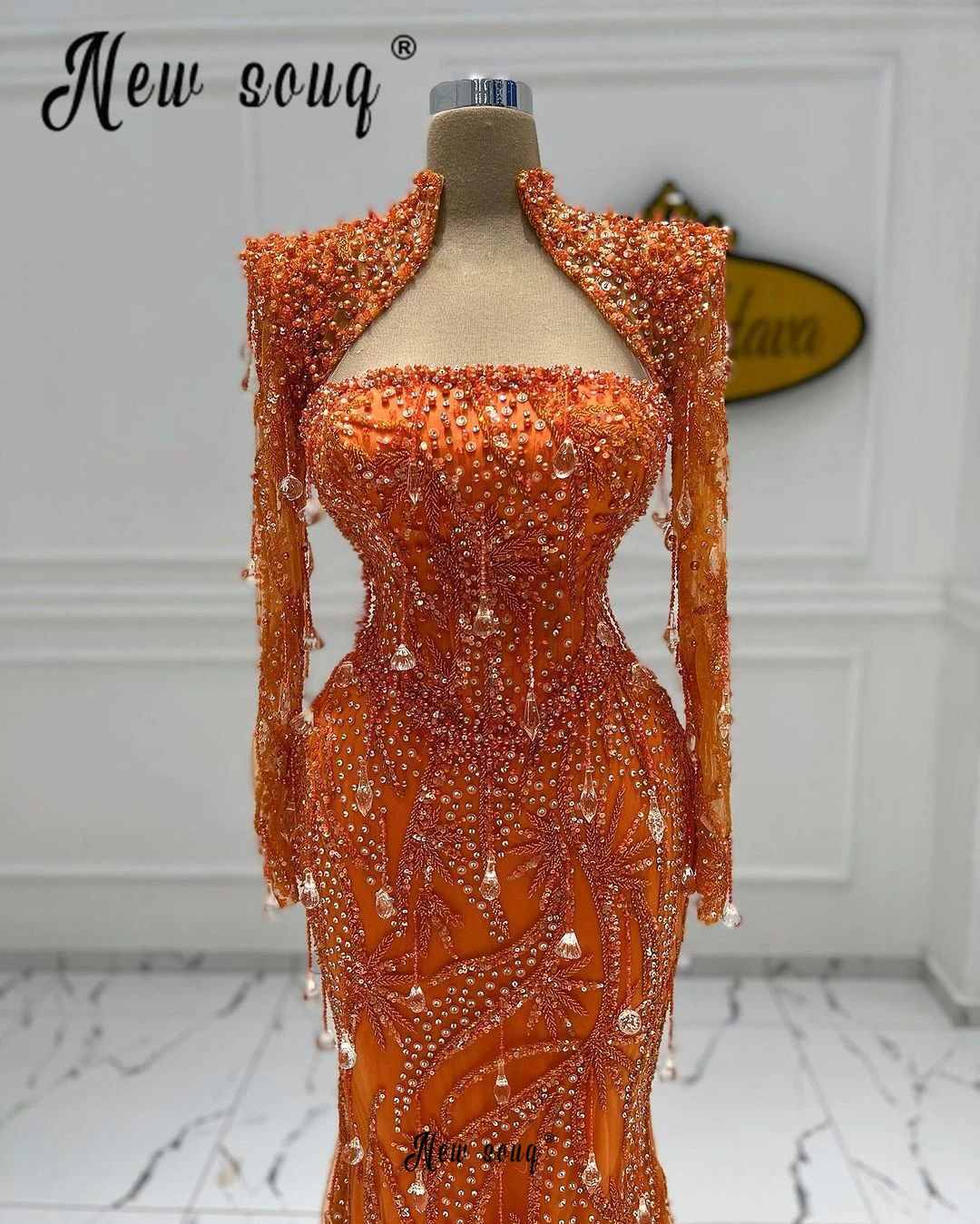 Aso Ebi Crystals Sparkle Orange Party Dress Queen Anne Wedding Guest Night Gowns Bride Formal Dinner Prom Gowns Evening Dress