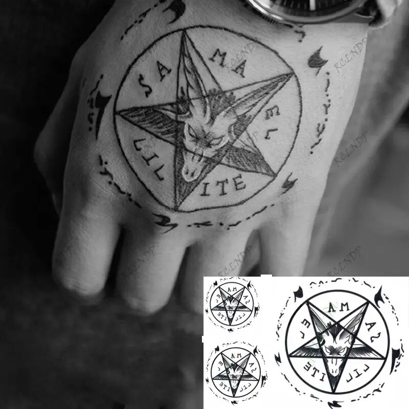 Tatouage Autocollant Temporaire Étanche Satan Lucifer Cercle Direction Faux Tatouage Flash Gothique Main Arrière Art pour Garçon Femmes Hommes