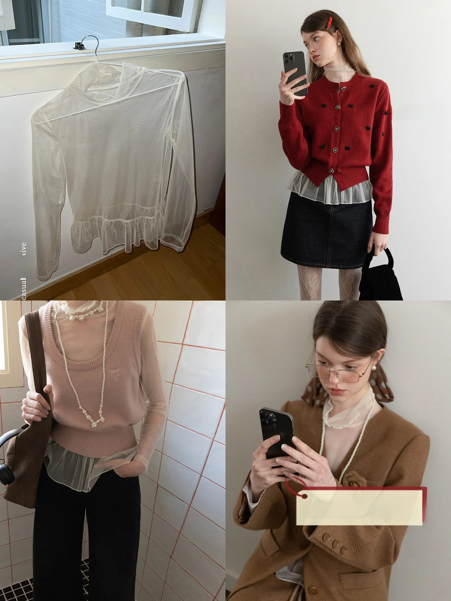 Eggka High Collar Long Sleeve Mesh See through Base Shirt Korean Style Layering Effect Beaded  Top in Beige Color