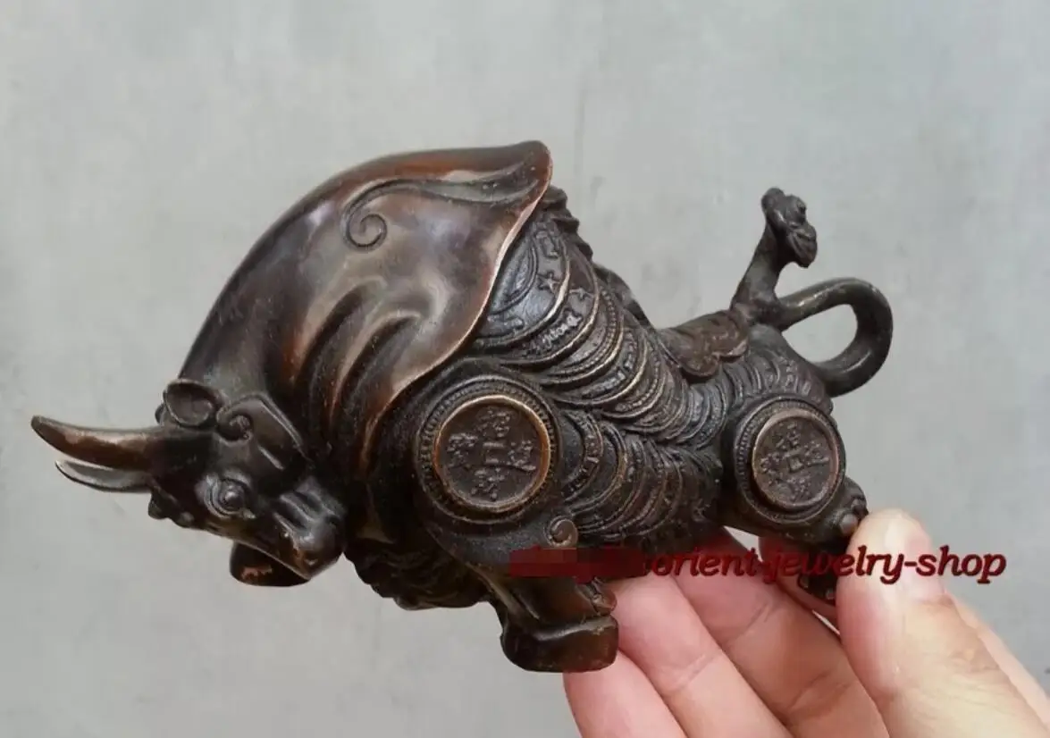 Sign Antique Wall Street Bronze Bull Cattle Statue Lucky Coin Money Cattle