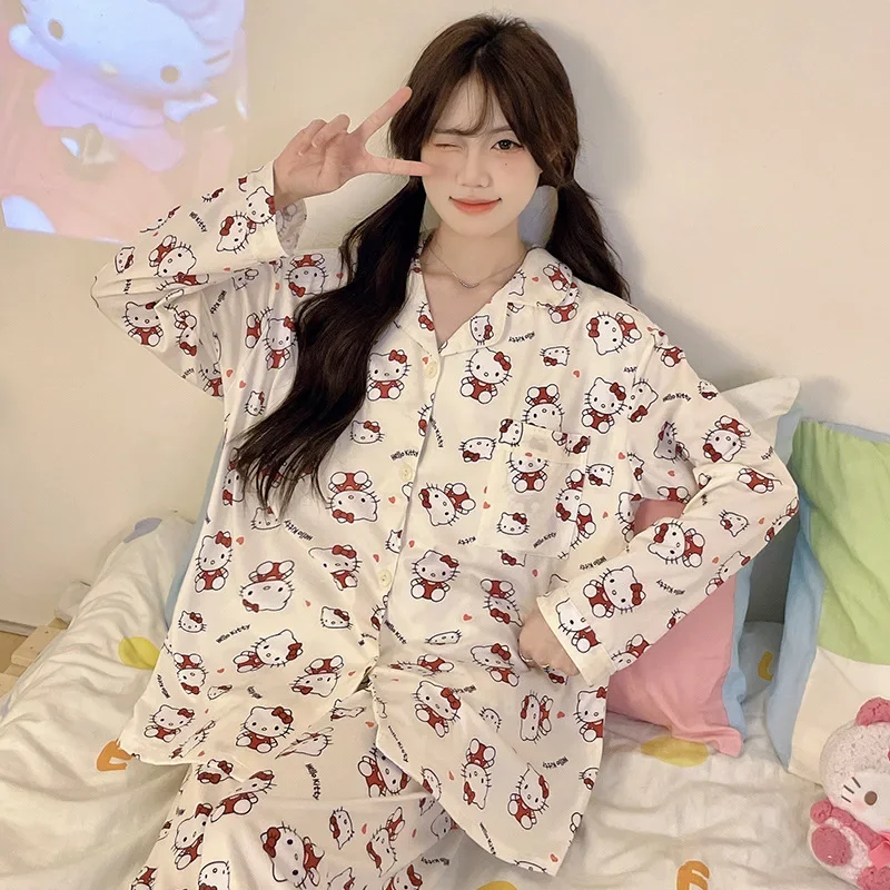 Cartoon Sanrio loungewear women's pajamas autumn cotton long-sleeved trousers casual two-piece set HelloKitty silk pajamas women