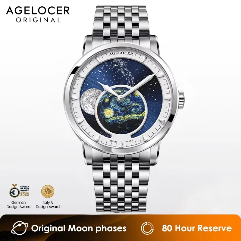 AGELOCER Men's Automatic Mechanical Watch – Stainless Steel Blue Moon Phase Dress Luxury Wristwatch for Business