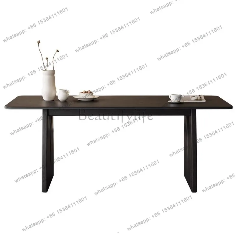 Medieval solid wood rock slab dining table Modern simple household rectangular black dining table