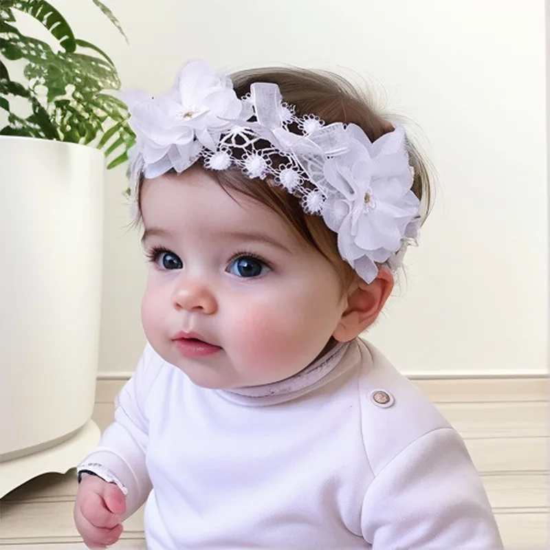 White Baby Headband Girl Newborn Baptism Flower Lace Kids Children Rubber Bandage Floral Hair Accessory Hairbands Photography