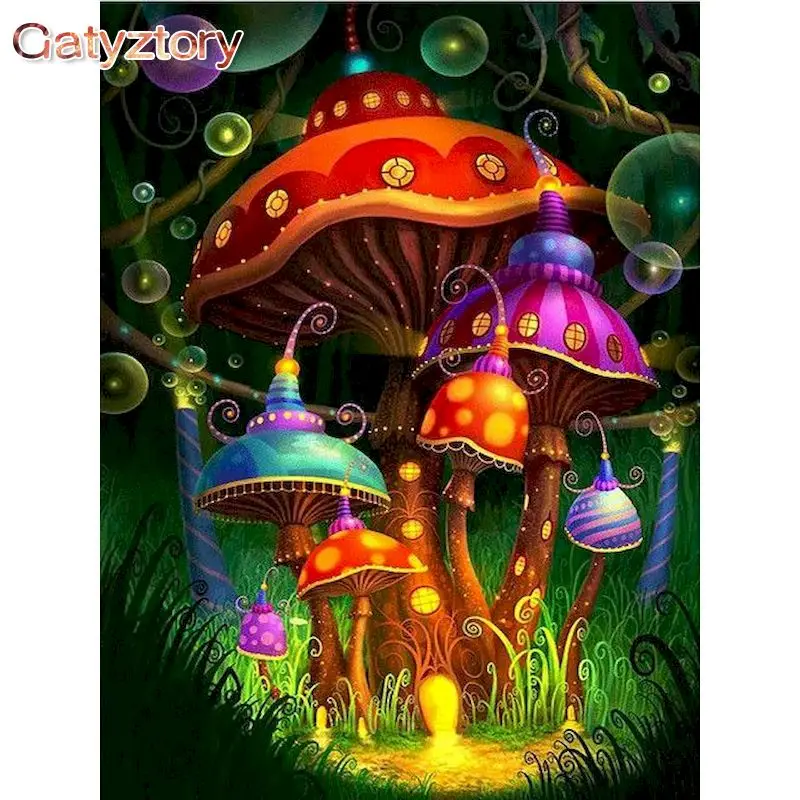 

GATYZTORY Frame Picture Mushrooms House Diy Painting By Numbers Landscape Acrylic Coloring By Numbers Canvas Wall Art Picture