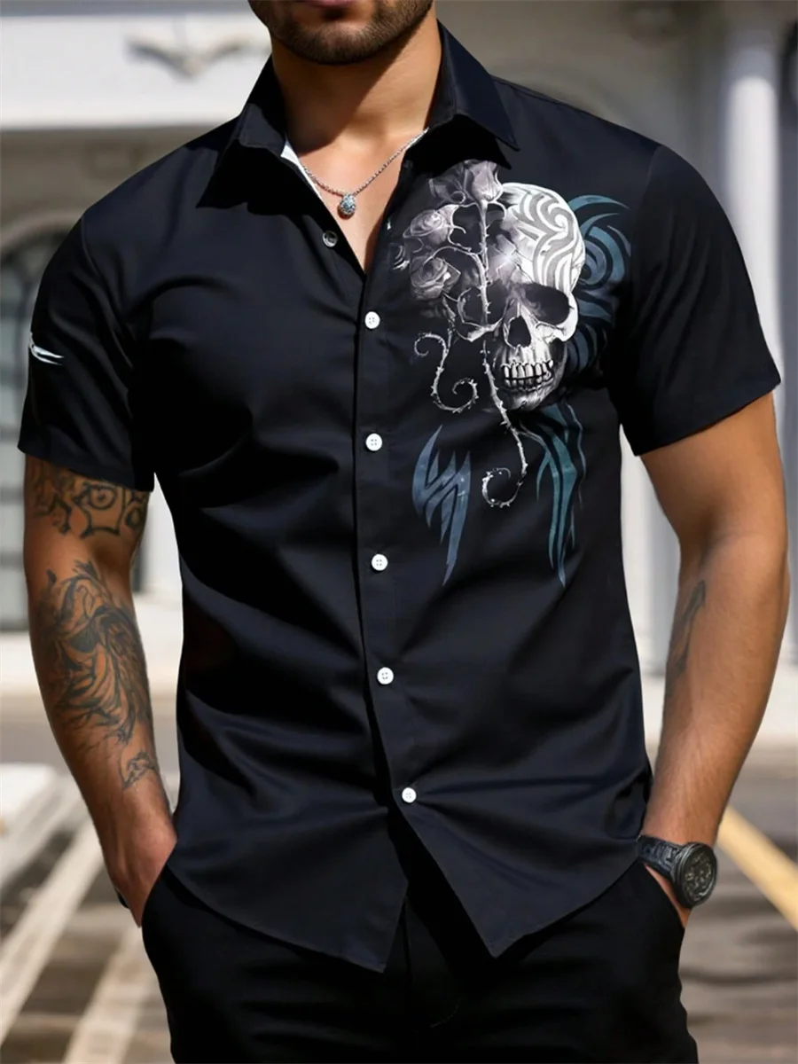 Men's Retro Skull Print Short Sleeve Hawaiian Shirt 14 Colors Street Wear Lapel Large Size Casual Wear 3D Printing