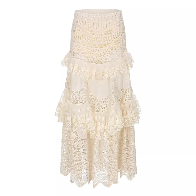 AIGYPTOS Spring Summer Maxi Skirt Women Mori Girls Elegant Embroidery Lace Crochet Patchwork Skirt Hollow Out Long Holiday Skirt