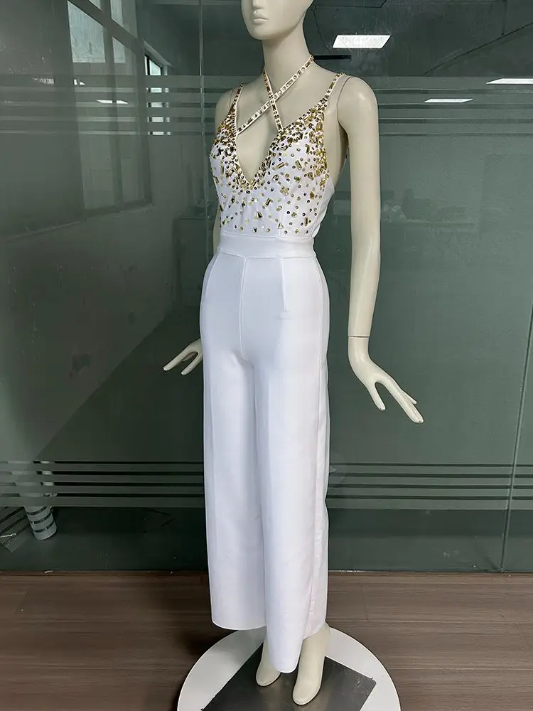 2023 New Summer Women\'s Sexy Backless Sleeveless Luxury Crystal Diamond V-Neck Tight White Tight Bandage Jumpsuit