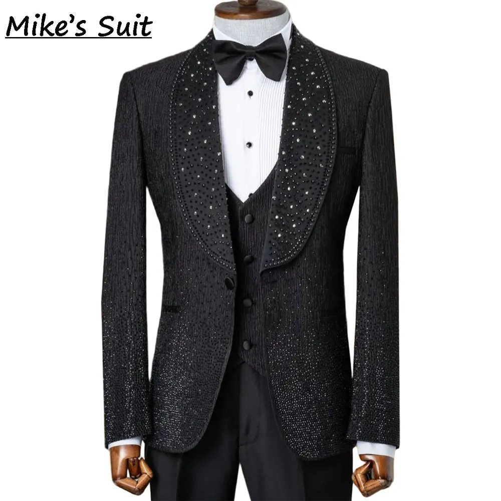 Black Jacquard Sparkly Pearls Gem Groom Suits 3D Tailored Man Suit Wedding & Business Set 2 Pieces Jacket And Pants
