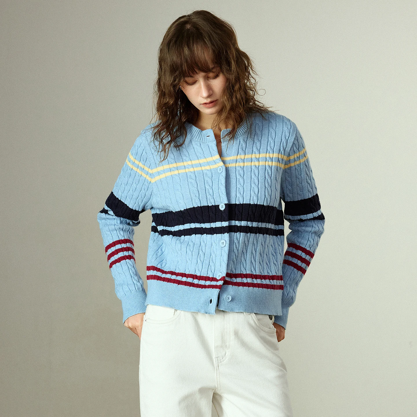 TOYOUTH Prendas de punto para mujer, Tops suaves de punto con cable Retro a rayas americanas con cuello redondo, invierno 2025