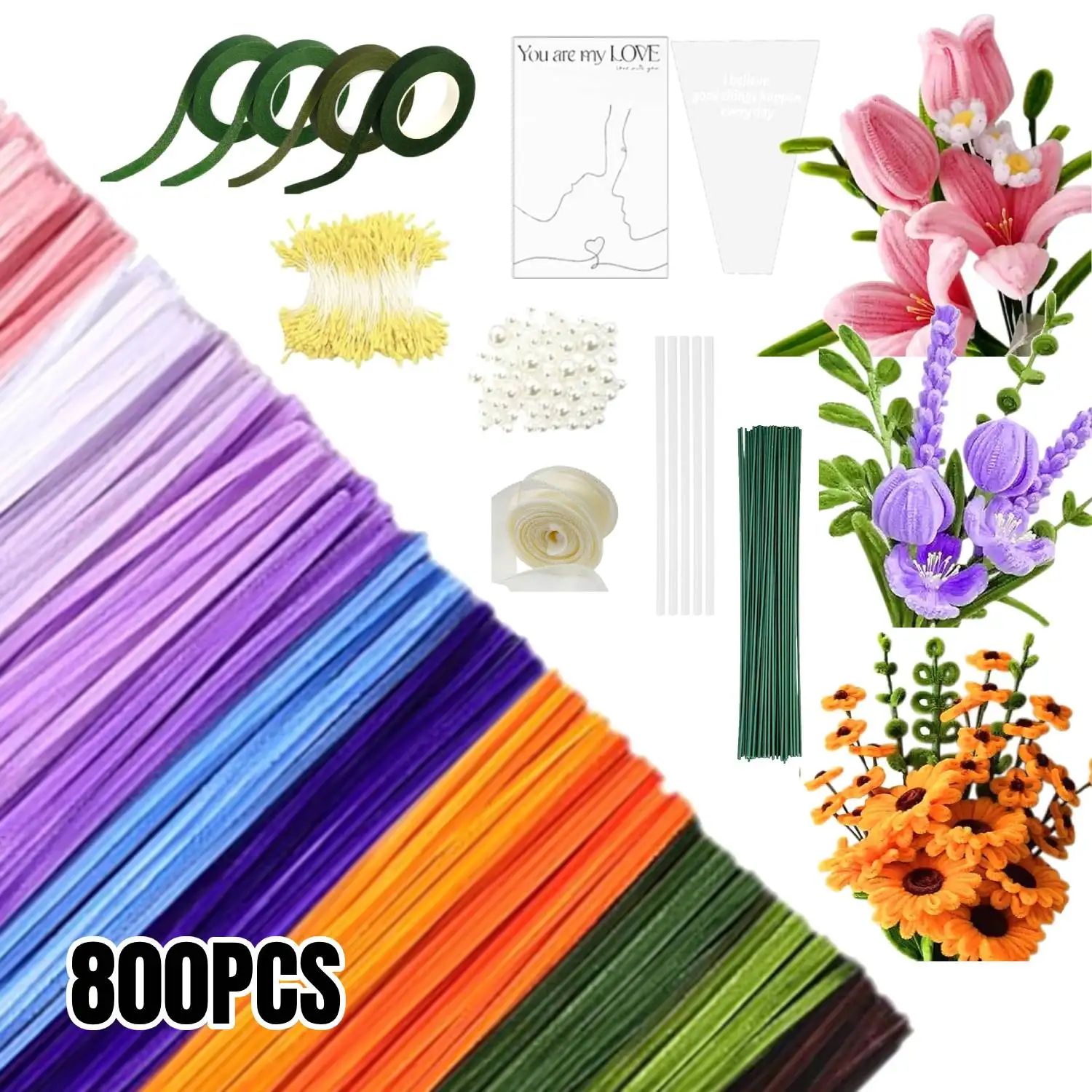 

Набор для творчества из 800 трубчатых ворсистых палочек, разноцветные трубчатые ворсистые палочки для цветов с ручкой, включает ленту, сердцевины для цветов, пушистые палочки