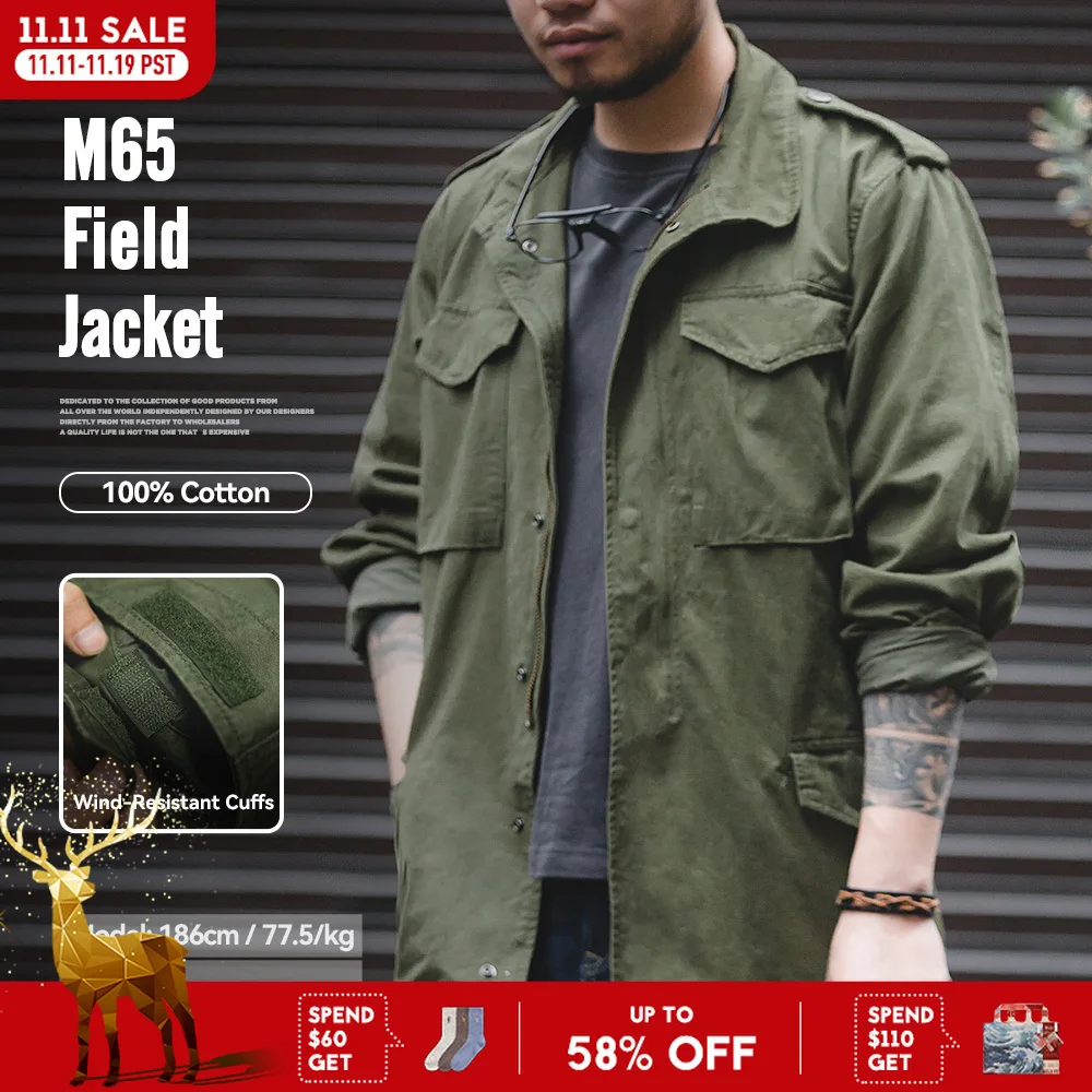 

Maden Ретро M65 Куртки для мужчин Зеленая уличная ветровка Винтажное повседневное однотонное пальто Мужская одежда Куртка с несколькими карманами